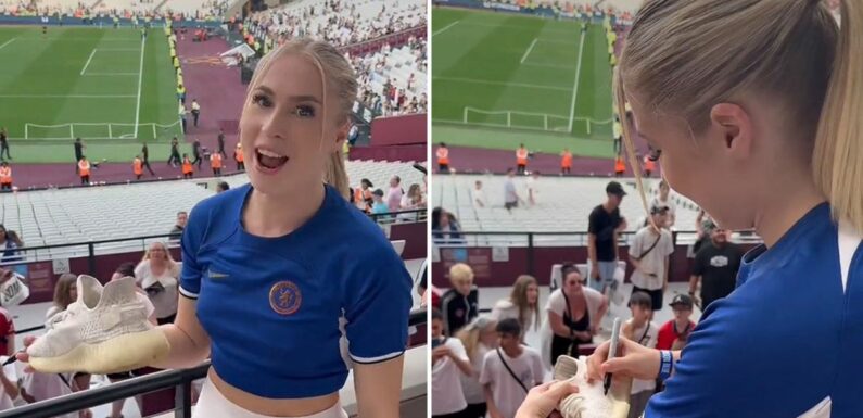 Astrid Wett signs £400 Yeezy at Sidemen match as fans joke ‘price has fallen’