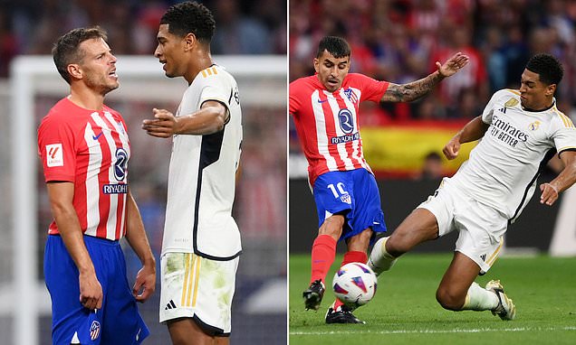 Jude Bellingham and Cesar Azpilicueta clash during Madrid derby