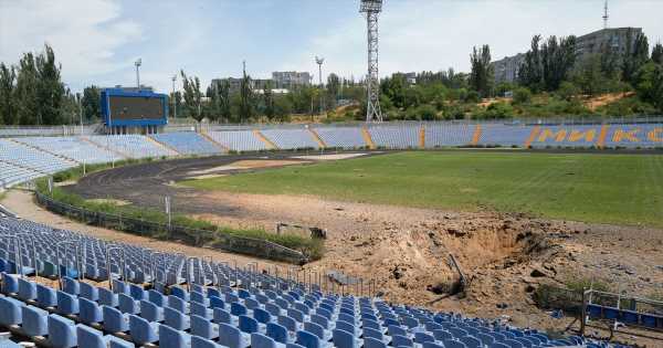 Ukraine’s destroyed football stadiums – bomb craters, flooded, stands blown up